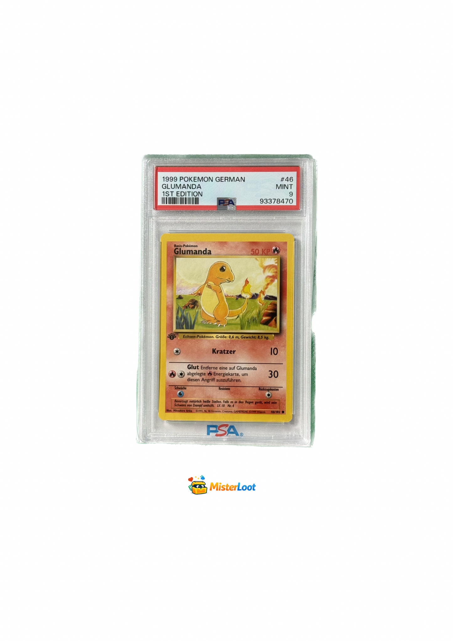 1999 Base Set Pokemon #46 Glumanda Gem MT 1ST Edition PSA 9 Deutsch